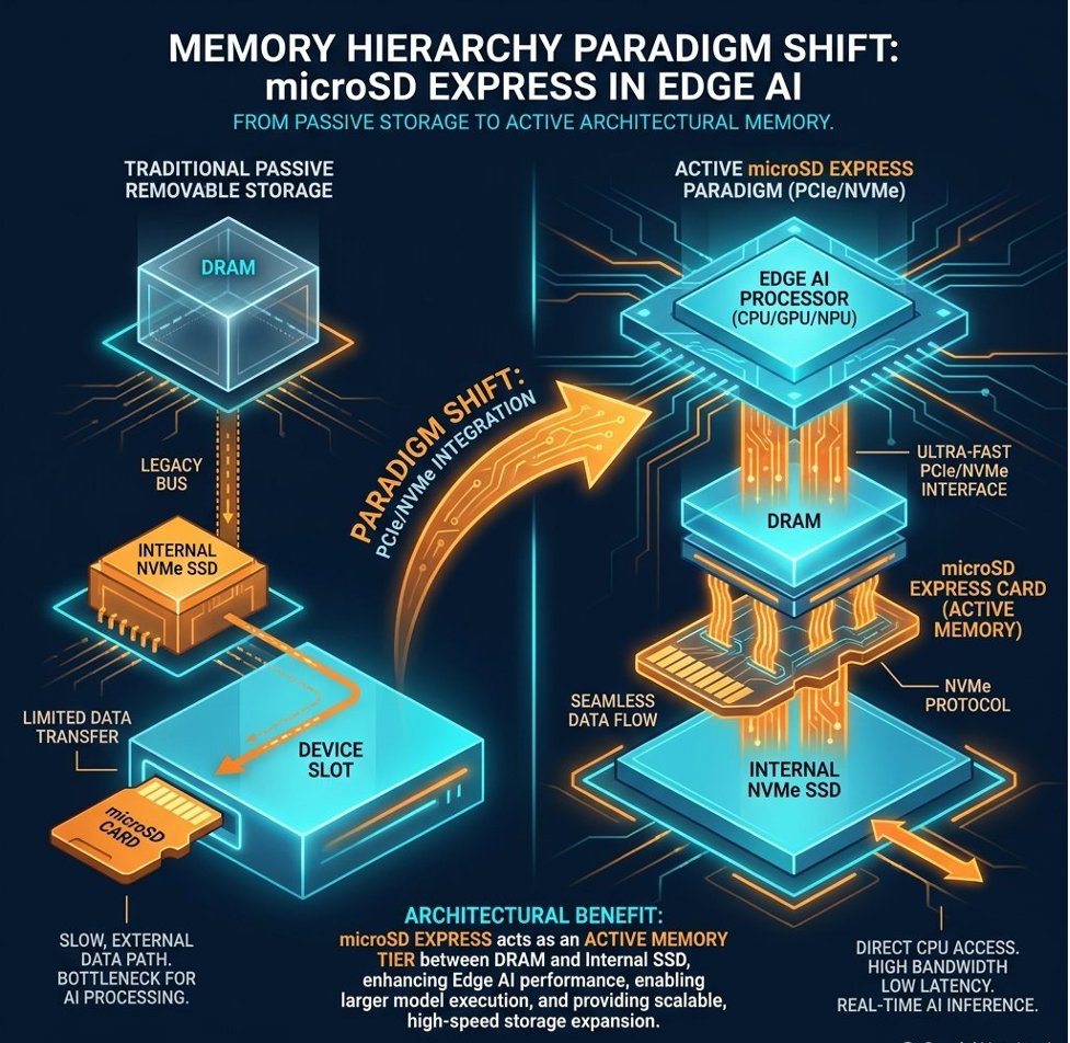Diagram comparing traditional passive removable storage, where a microSD card sits on a slow external data path, with microSD Express over PCIe/NVMe acting as an active memory tier between DRAM and the internal NVMe SSD for edge AI processing.